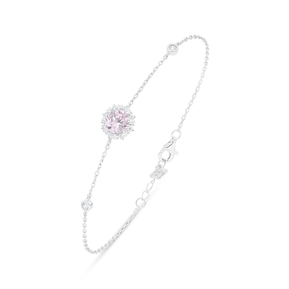 Sterling Silver 925 Bracelet Rhodium Plated Embedded With Pink Zircon And White Zircon