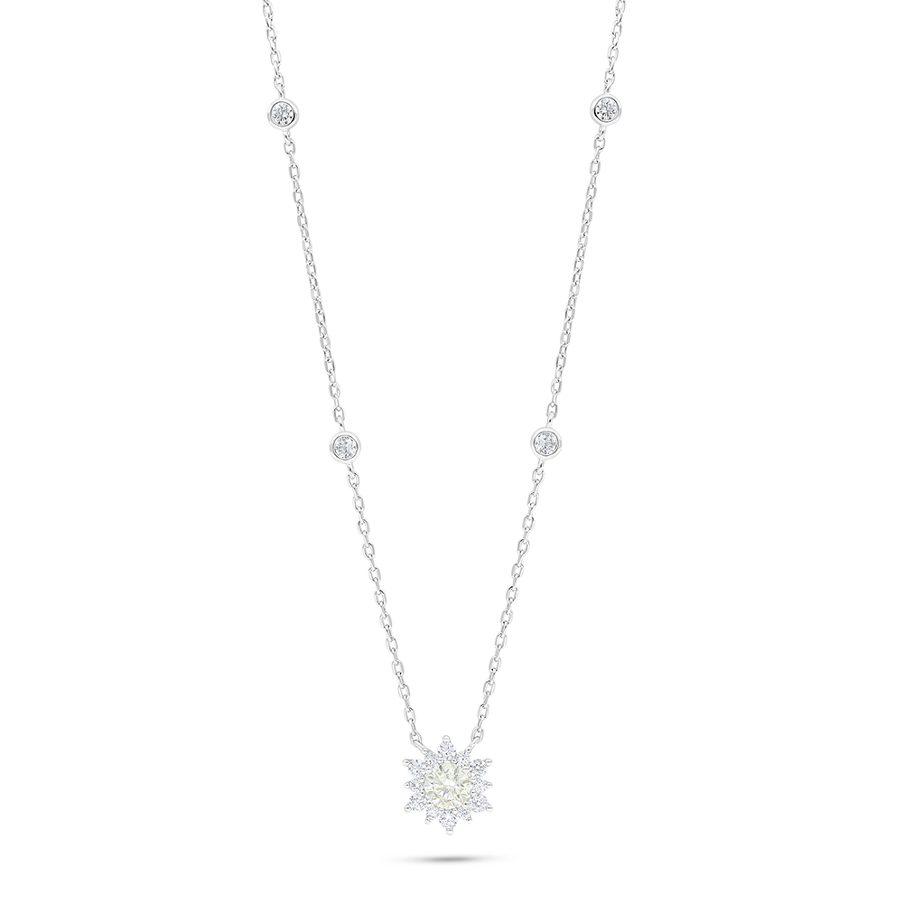 Sterling Silver 925 Necklace Rhodium Plated Embedded With Yellow Diamond And White Zircon