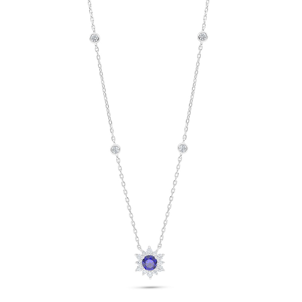 Sterling Silver 925 Necklace Rhodium Plated Embedded With Sapphire Corundum And White Zircon