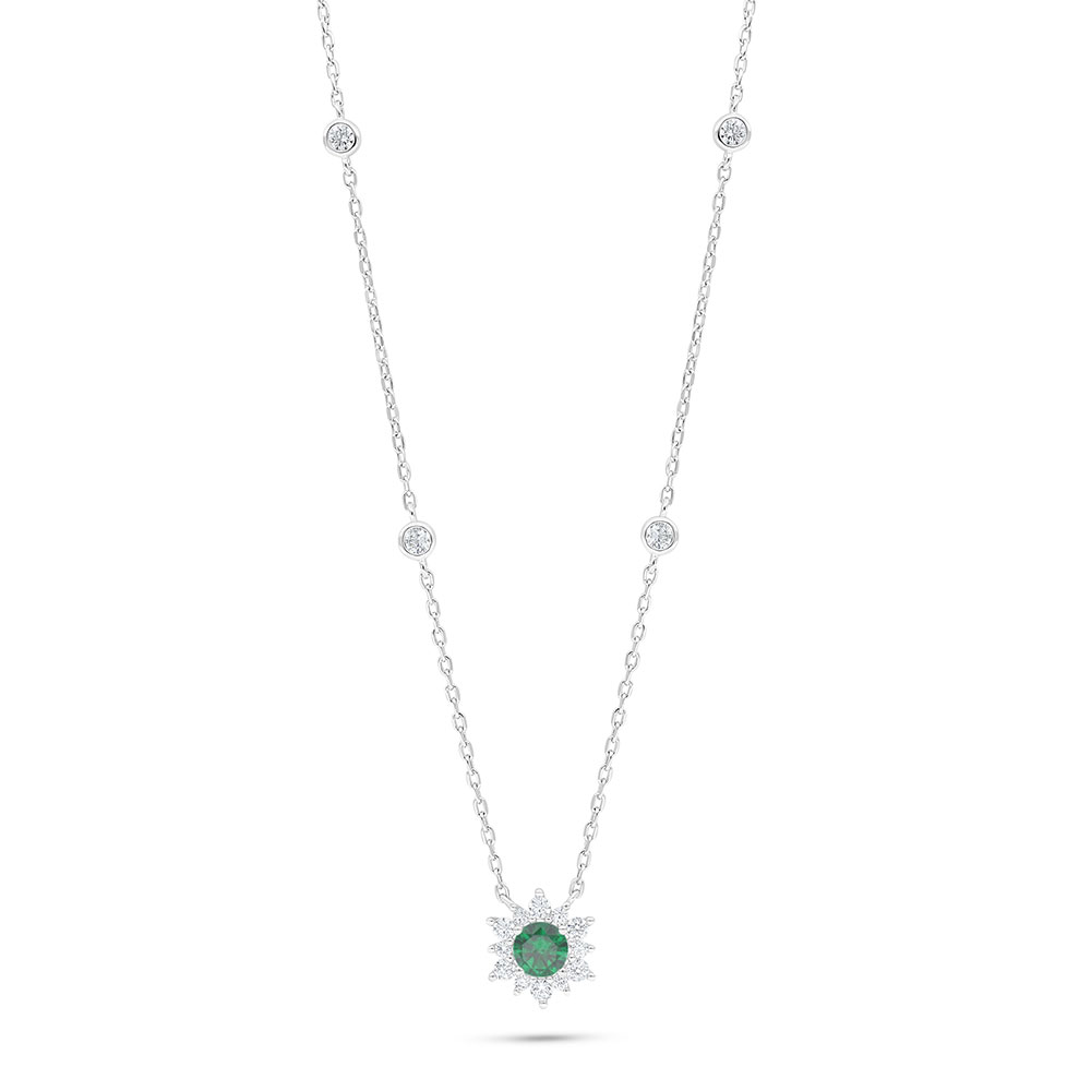 Sterling Silver 925 Necklace Rhodium Plated Embedded With Emerald Zircon And White Zircon