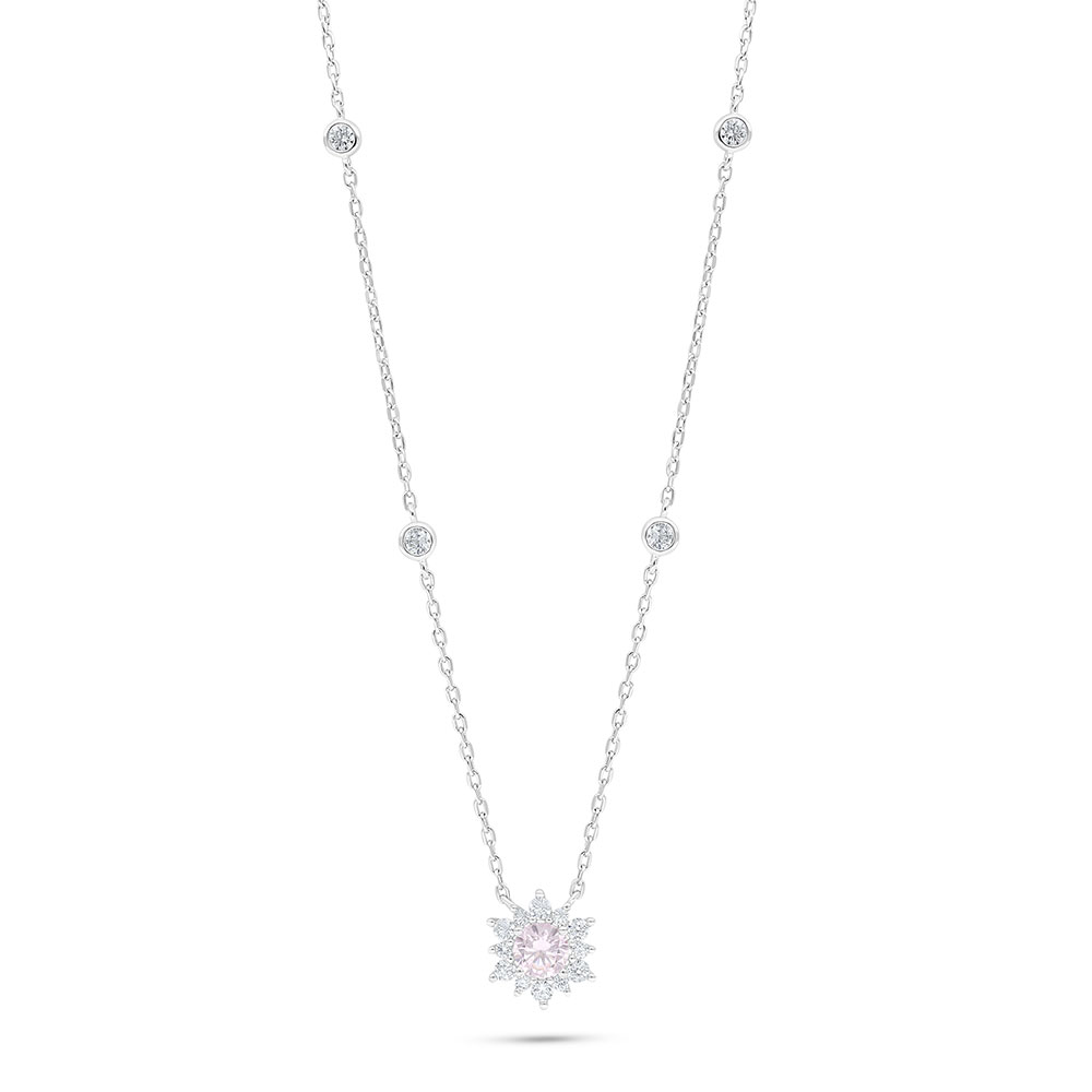 Sterling Silver 925 Necklace Rhodium Plated Embedded With Pink Zircon And White Zircon