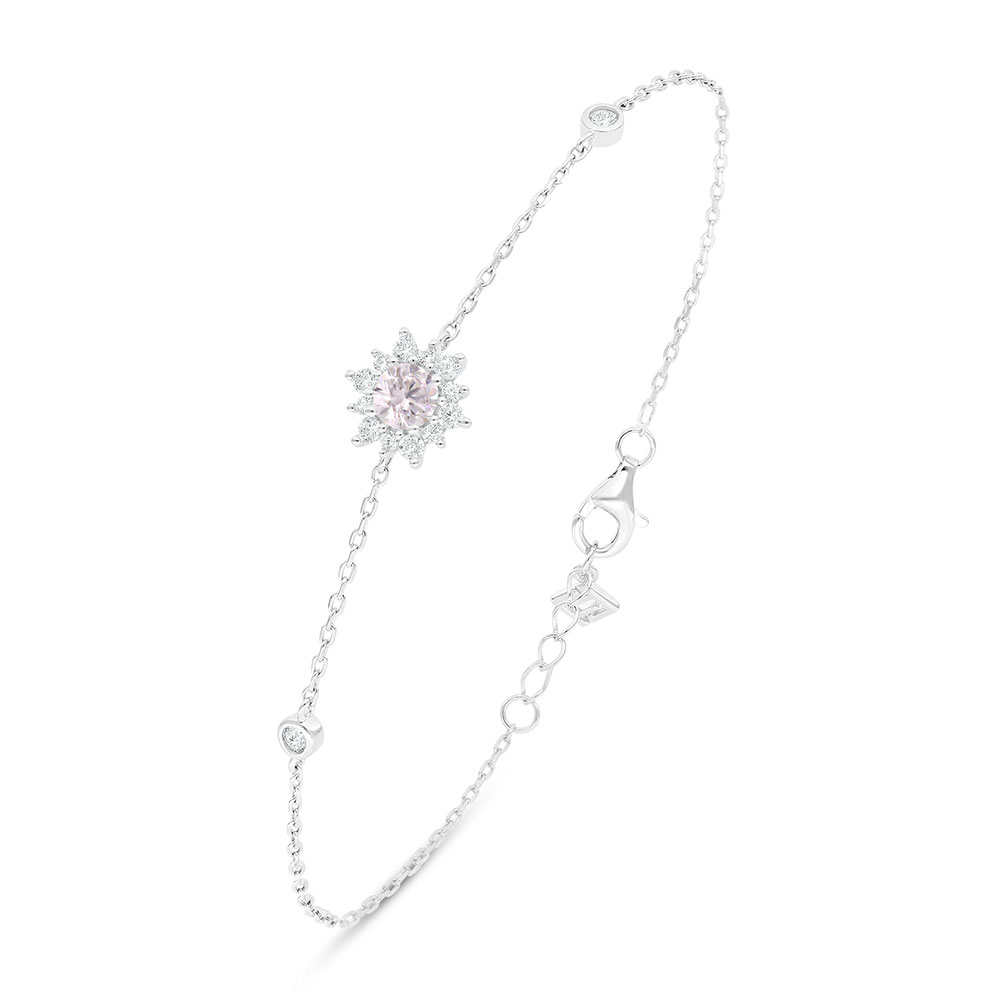 Sterling Silver 925 Bracelet Rhodium Plated Embedded With Pink Zircon And White Zircon