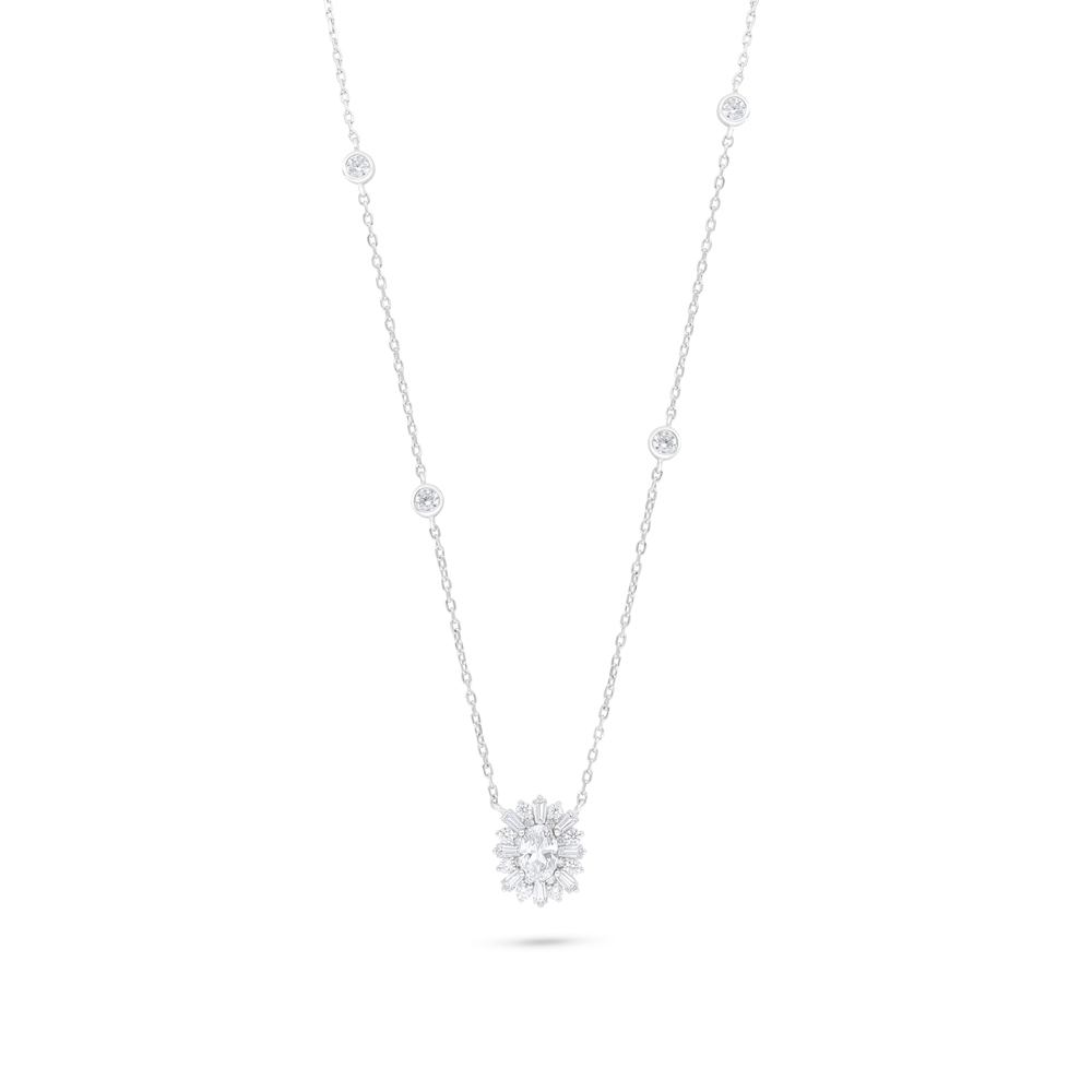 Sterling Silver 925 Necklace Rhodium Plated Embedded With White Zircon