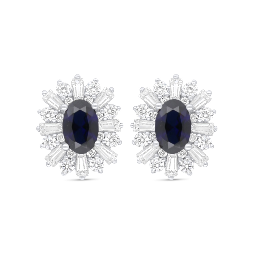 Sterling Silver 925 Earring Rhodium Plated Embedded With Sapphire Corundum And White Zircon