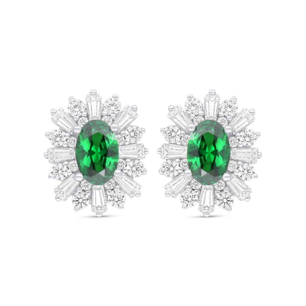 Sterling Silver 925 Earring Rhodium Plated Embedded With Emerald Zircon And White Zircon