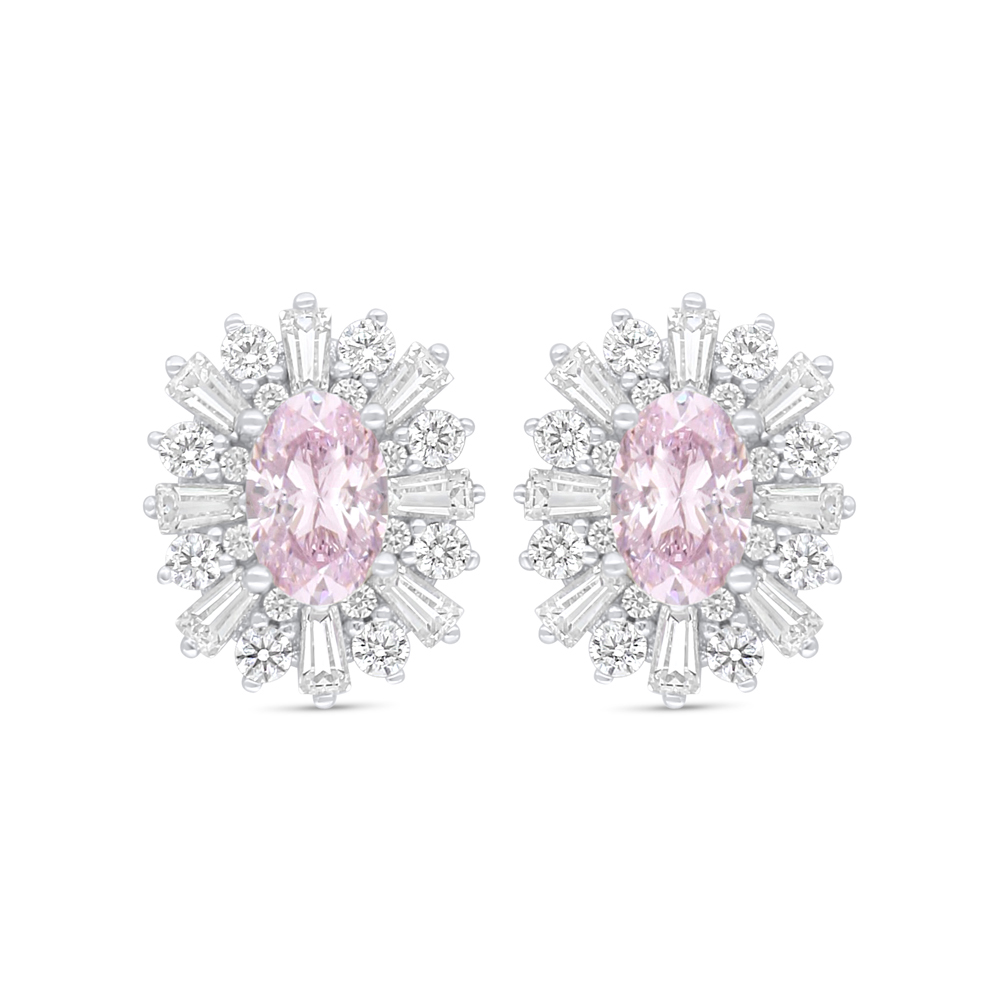 Sterling Silver 925 Earring Rhodium Plated Embedded With Pink Zircon And White Zircon