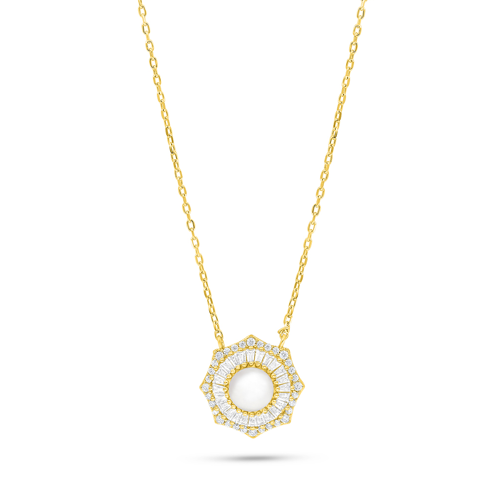 Sterling Silver 925 Necklace Golden Plated Embedded With Natural White Pearl And White Zircon 