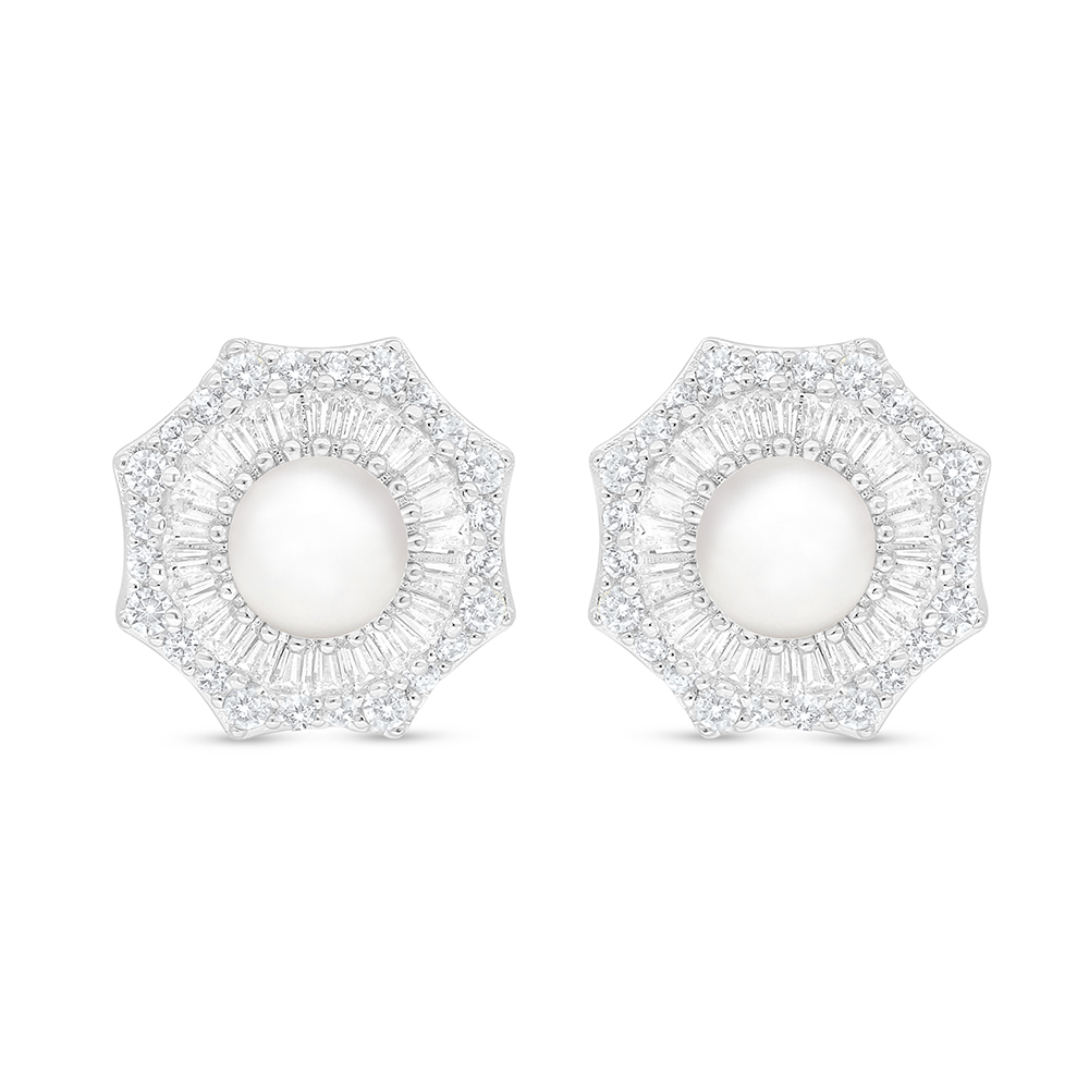 Sterling Silver 925 Earring Rhodium Plated Embedded With Natural White Pearl And White Zircon 