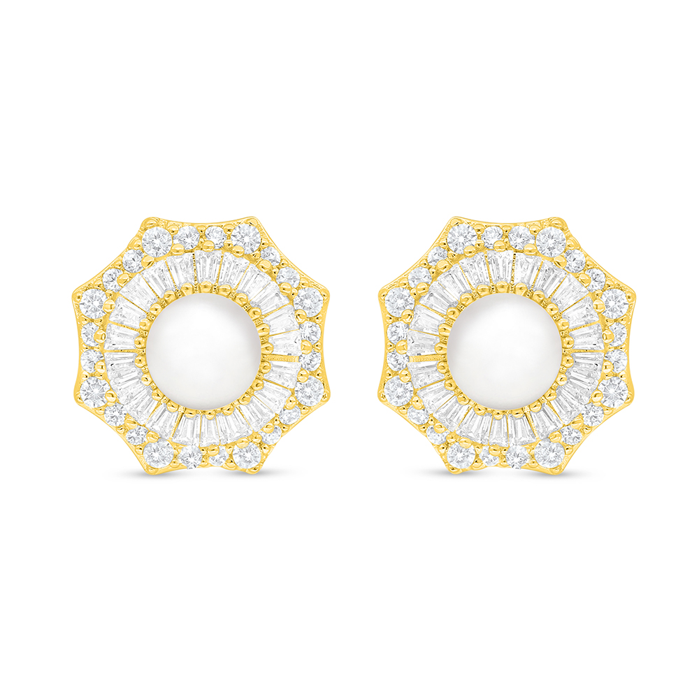 Sterling Silver 925 Earring Golden Plated Embedded With Natural White Pearl And White Zircon 