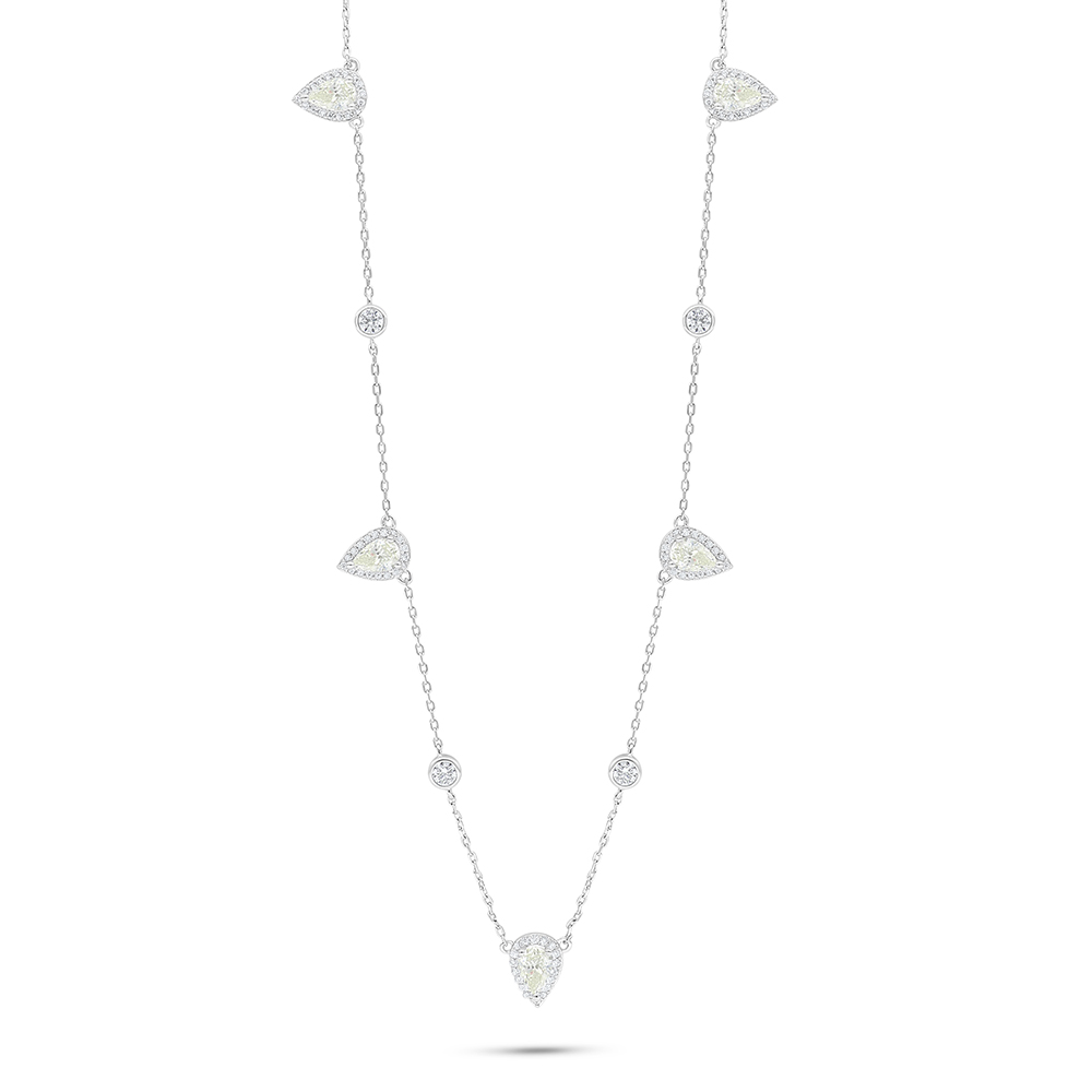 Sterling Silver 925 Necklace Rhodium Plated Embedded With Yellow Diamond And White Zircon