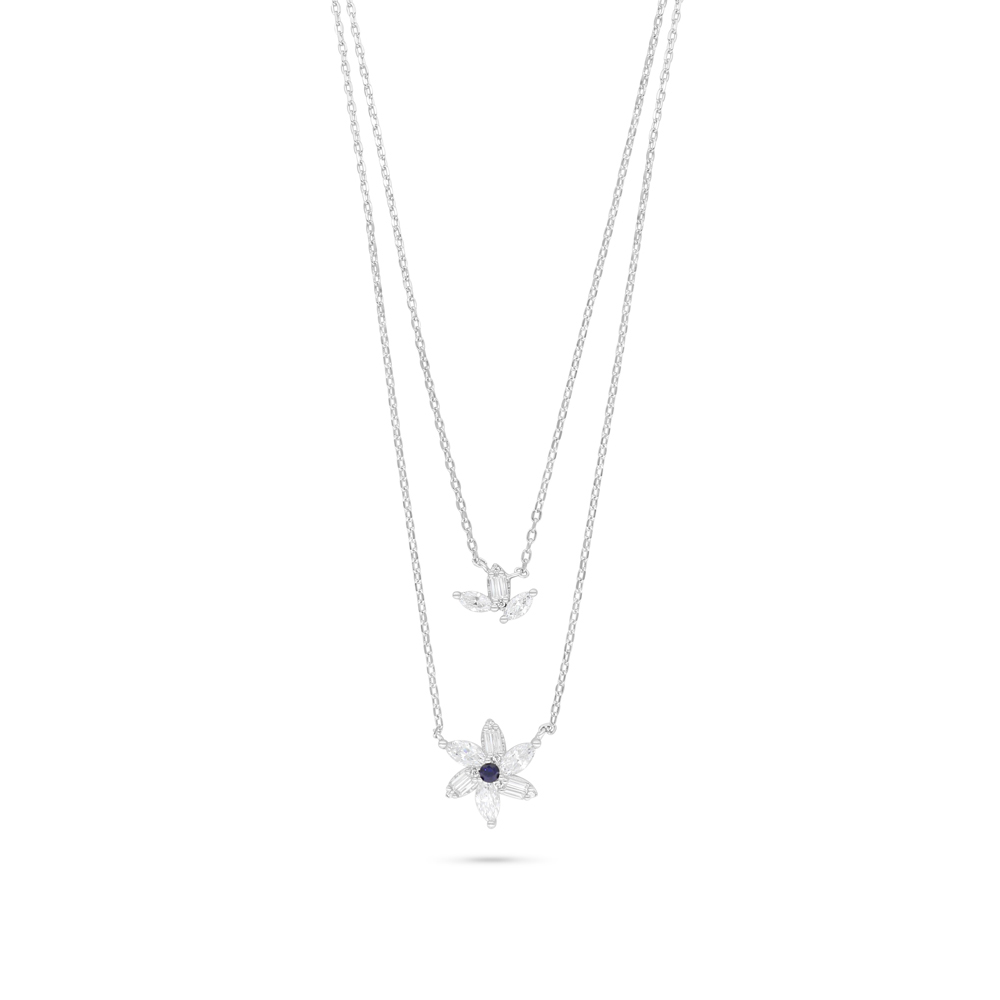 Sterling Silver 925 Necklace Rhodium Plated Embedded With Sapphire Corundum And White Zircon