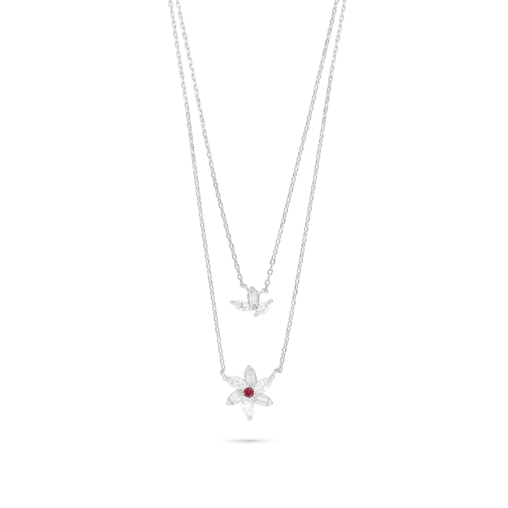 Sterling Silver 925 Necklace Rhodium Plated Embedded With Ruby Corundum And White Zircon