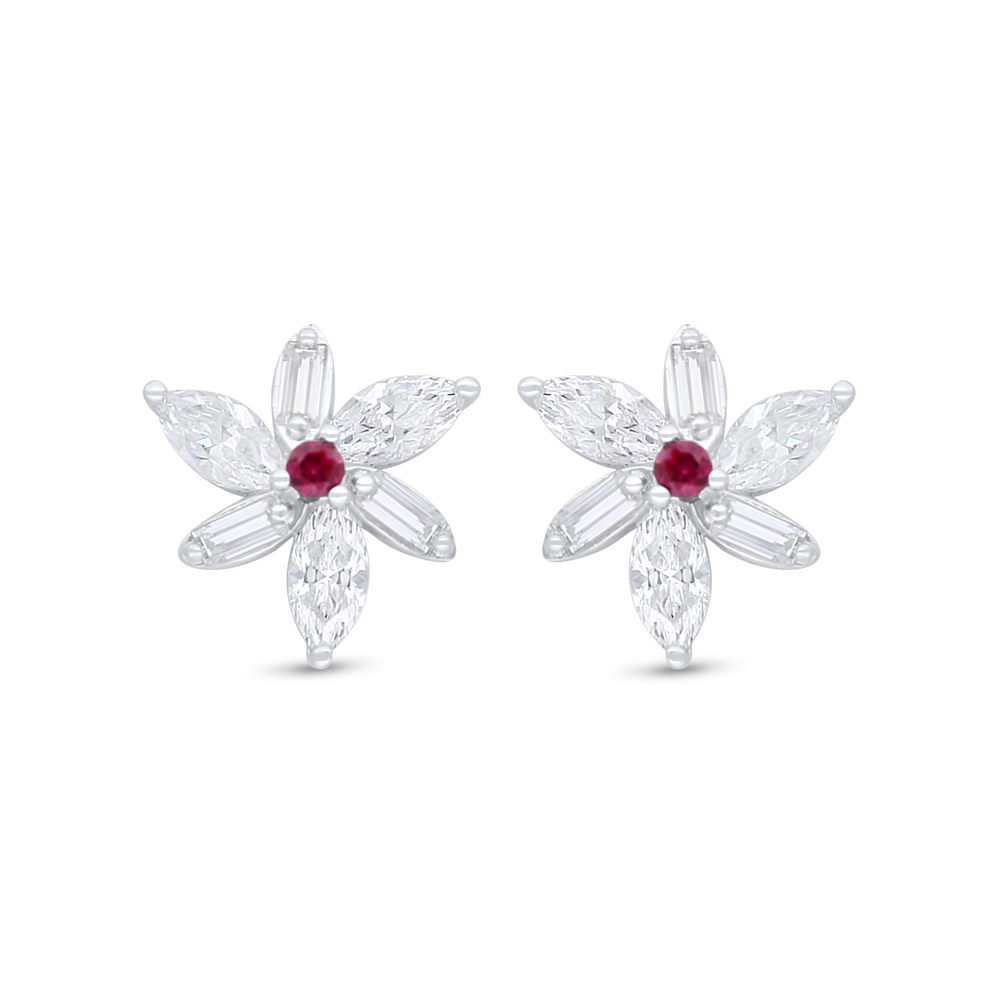 Sterling Silver 925 Earring Rhodium Plated Embedded With Ruby Corundum And White Zircon