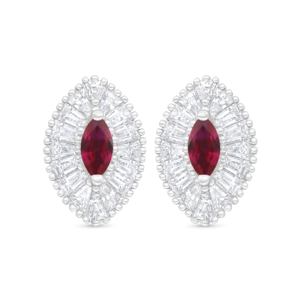 Sterling Silver 925 Earring Rhodium Plated Embedded With Ruby Corundum And White Zircon