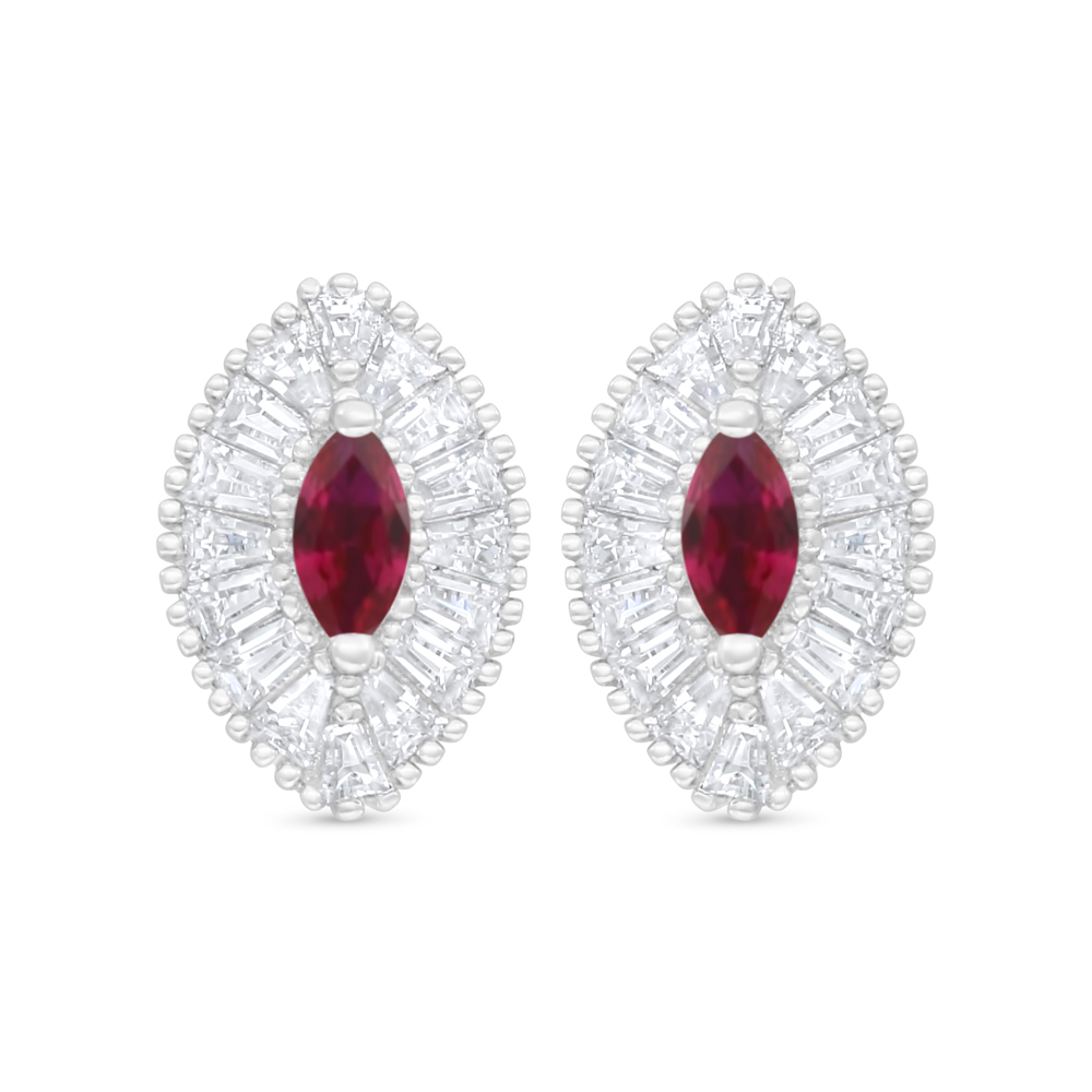 Sterling Silver 925 Earring Rhodium Plated Embedded With Ruby Corundum And White Zircon