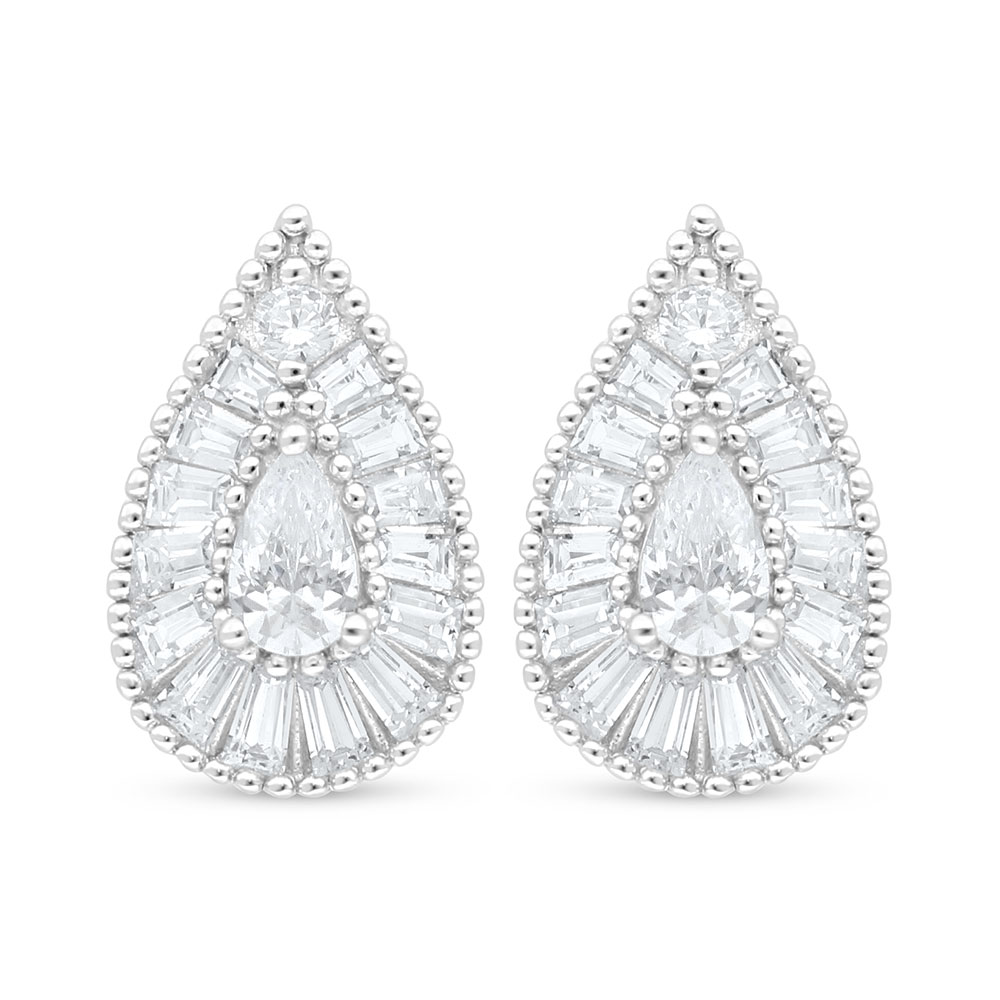 Sterling Silver 925 Earring Rhodium Plated Embedded With White Zircon