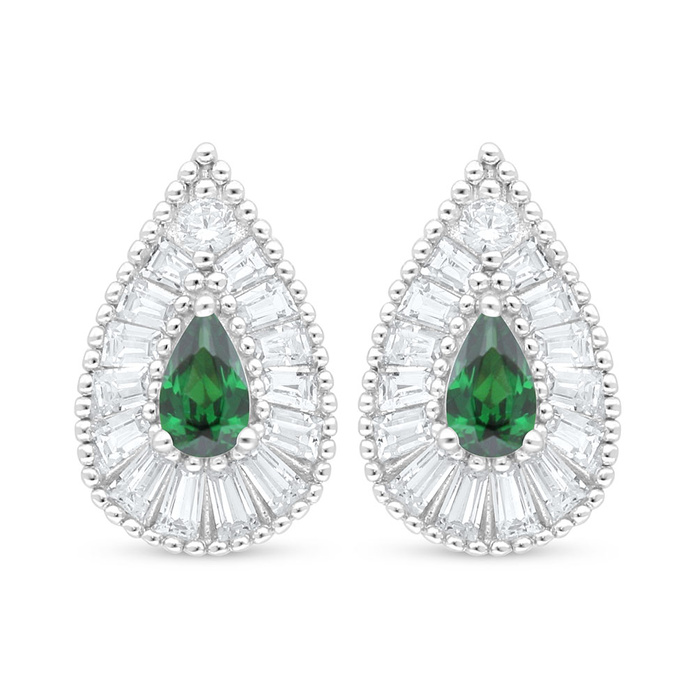 Sterling Silver 925 Earring Rhodium Plated Embedded With Emerald Zircon And White Zircon