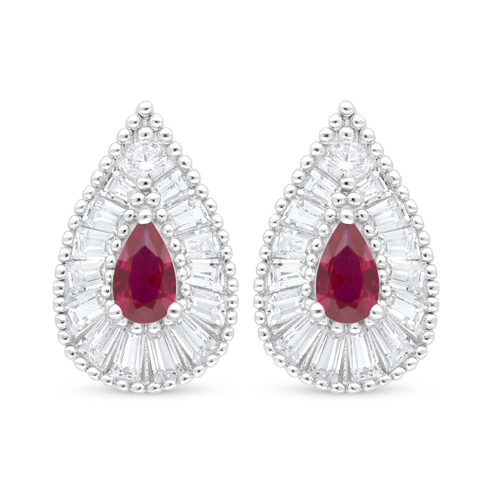 Sterling Silver 925 Earring Rhodium Plated Embedded With Ruby Corundum And White Zircon