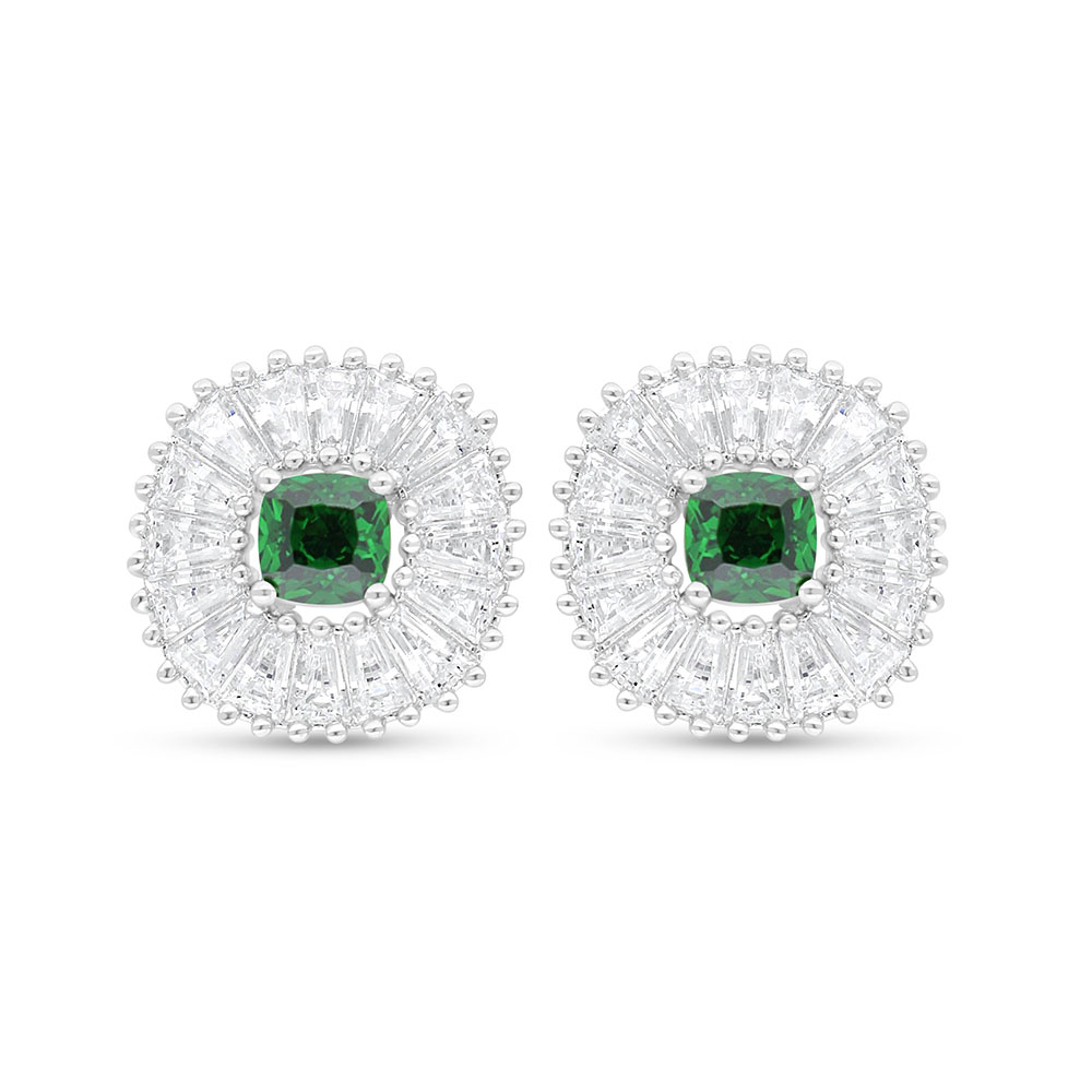 Sterling Silver 925 Earring Rhodium Plated Embedded With Emerald Zircon And White Zircon