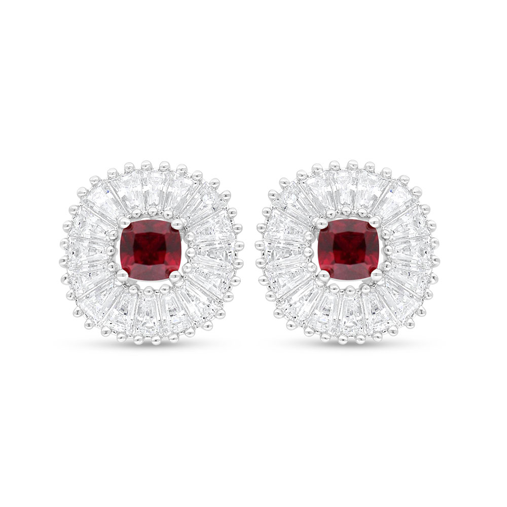 Sterling Silver 925 Earring Rhodium Plated Embedded With Ruby Corundum And White Zircon