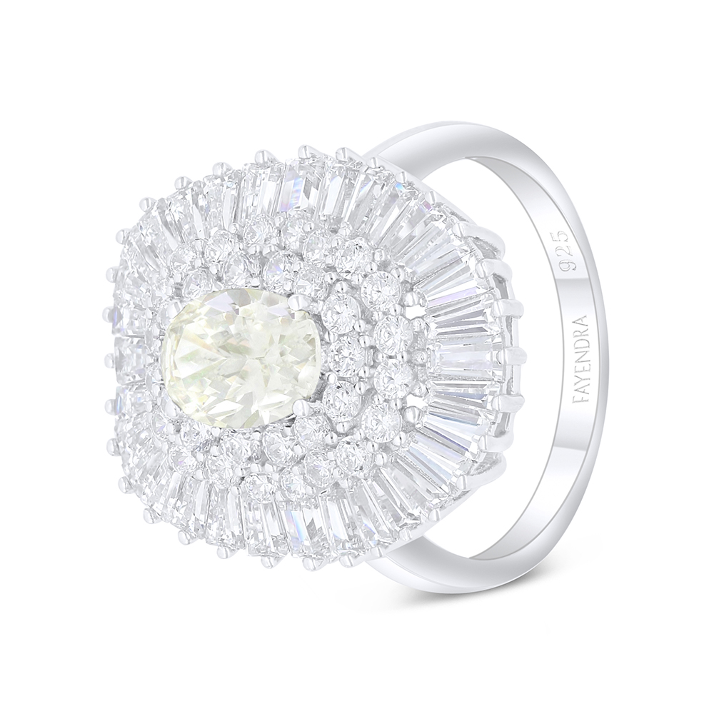 Sterling Silver 925 Ring Rhodium Plated Embedded With Yellow Diamond And White Zircon