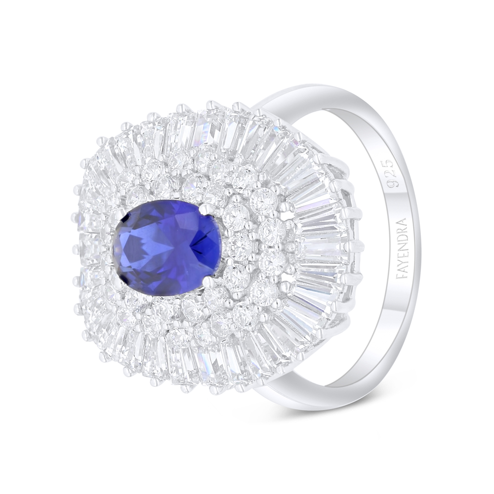 Sterling Silver 925 Ring Rhodium Plated Embedded With Sapphire Corundum And White Zircon