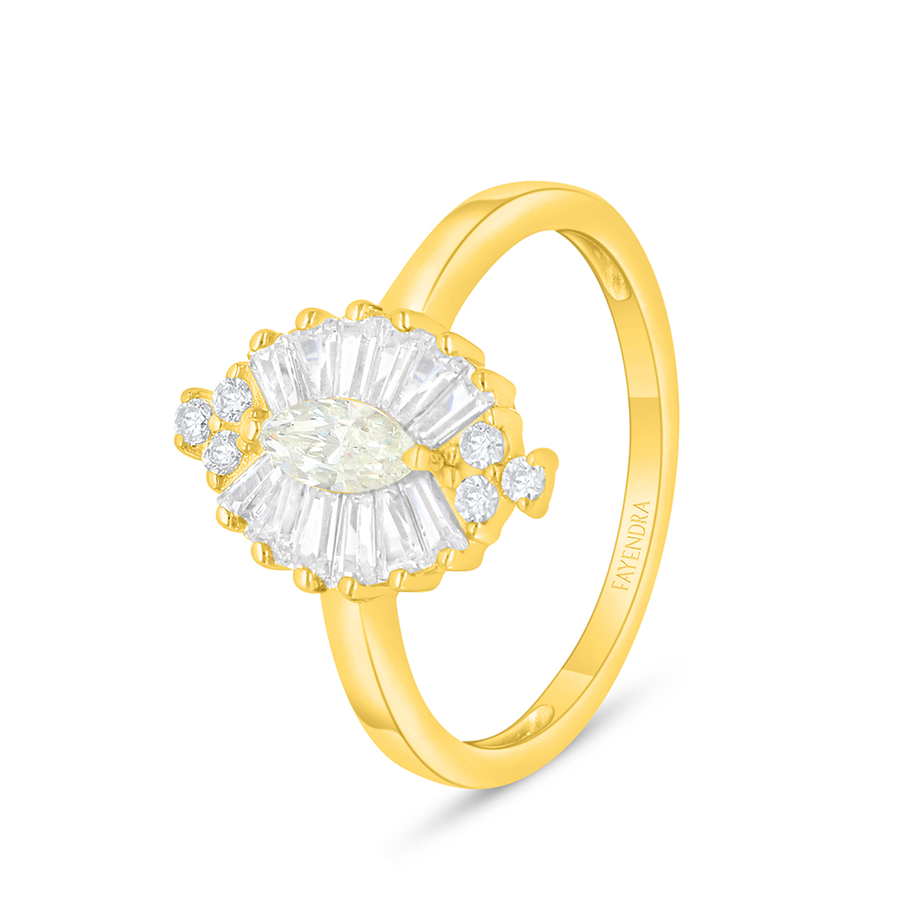 Sterling Silver 925 Ring Golden Plated Embedded With Yellow Diamond And White Zircon