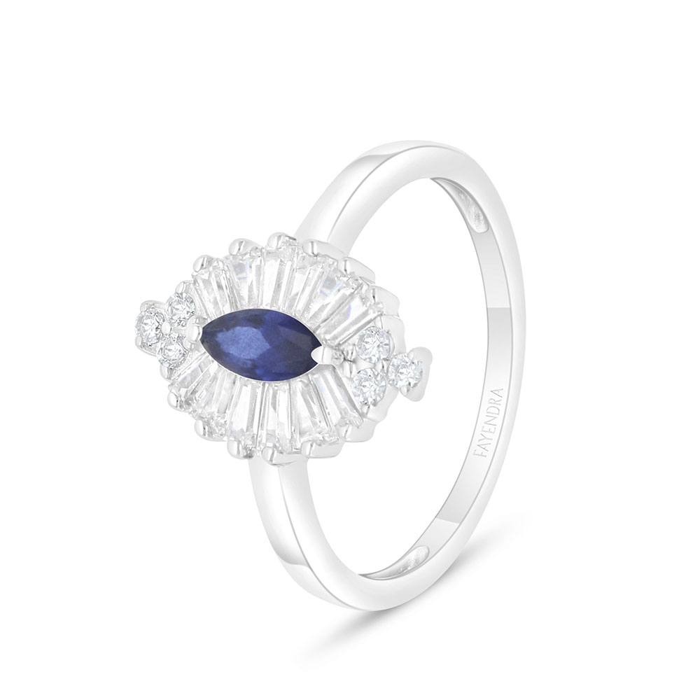 Sterling Silver 925 Ring Rhodium Plated Embedded With Sapphire Corundum And White Zircon