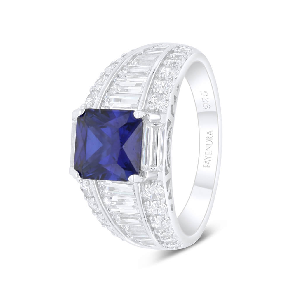 Sterling Silver 925 Ring Rhodium Plated Embedded With Sapphire Corundum And White Zircon