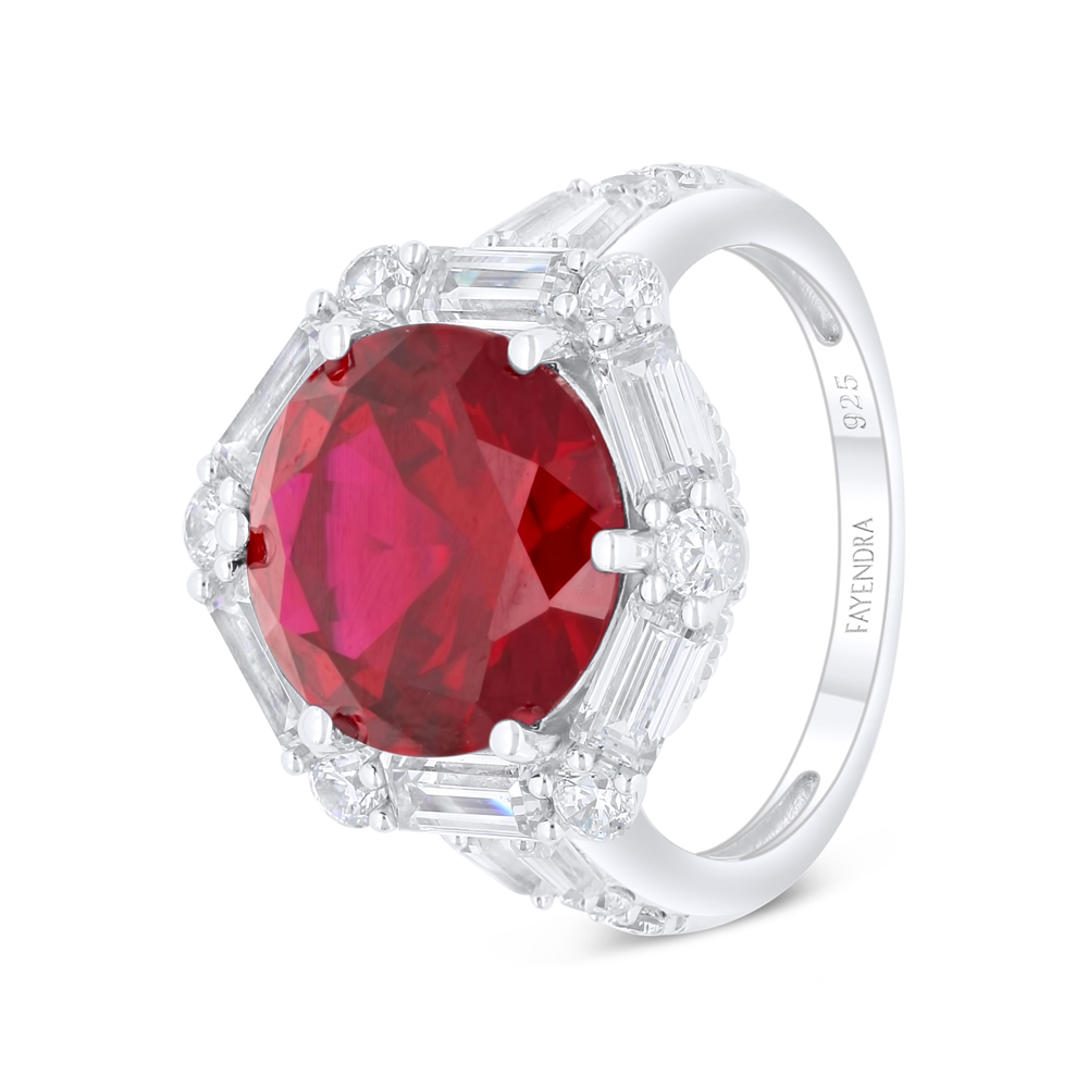 Sterling Silver 925 Ring Rhodium Plated Embedded With Ruby Corundum And White Zircon