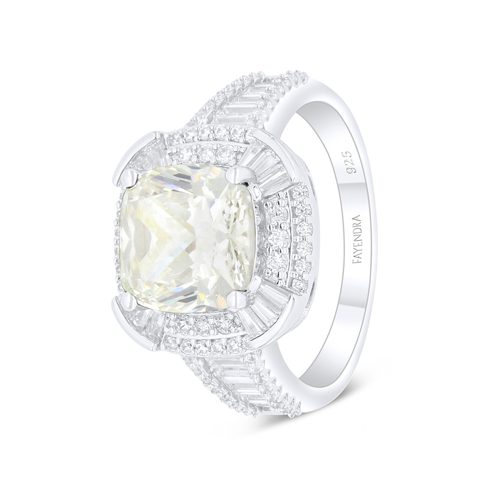 Sterling Silver 925 Ring Rhodium Plated Embedded With Yellow Diamond And White Zircon