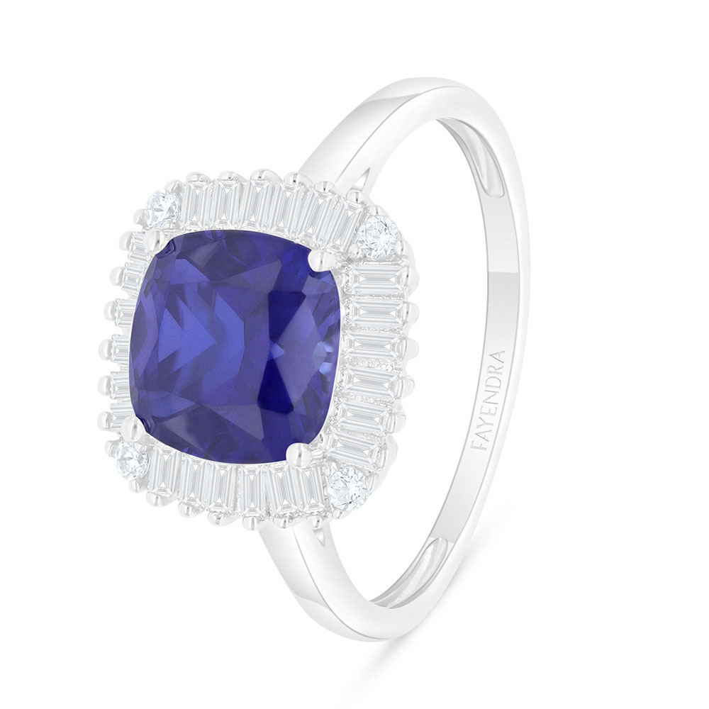 Sterling Silver 925 Ring Rhodium Plated Embedded With Sapphire Corundum And White Zircon