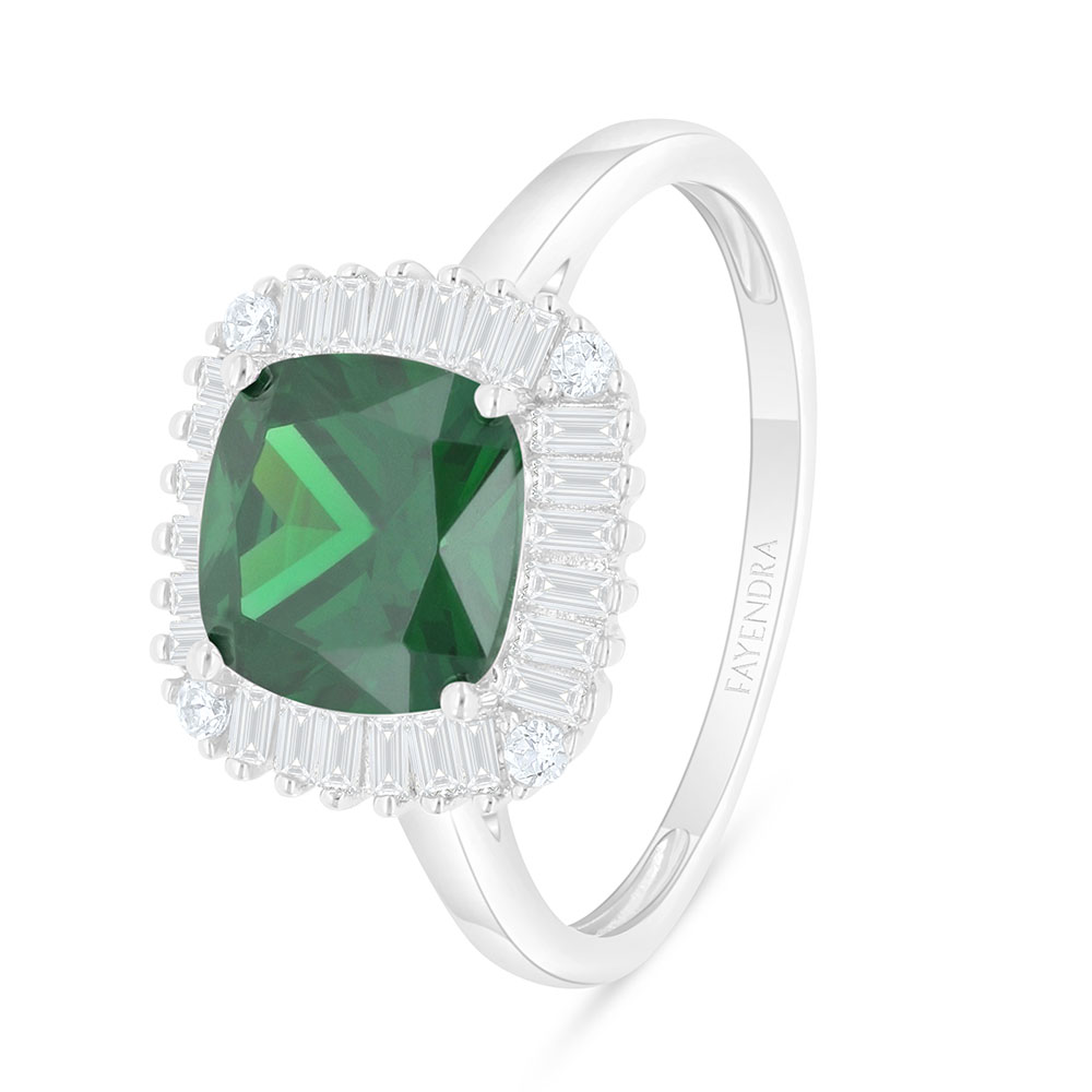 Sterling Silver 925 Ring Rhodium Plated Embedded With Emerald Zircon And White Zircon