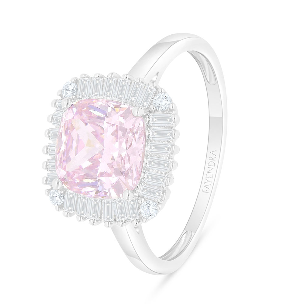 Sterling Silver 925 Ring Rhodium Plated Embedded With Pink Zircon And White Zircon