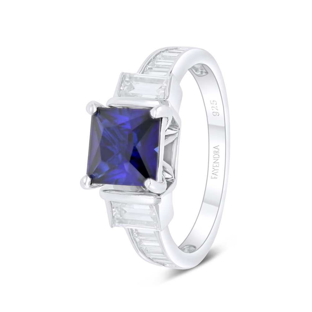 Sterling Silver 925 Ring Rhodium Plated Embedded With Sapphire Corundum And White Zircon