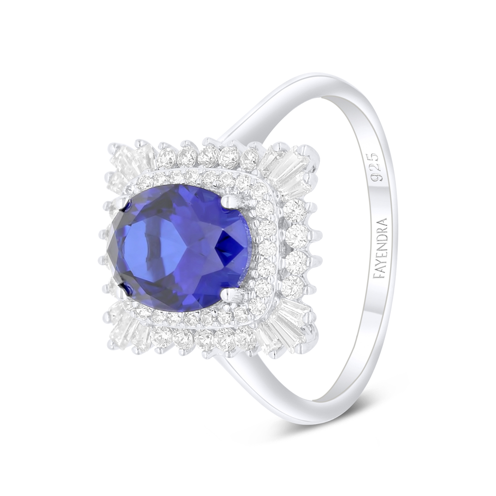 Sterling Silver 925 Ring Rhodium Plated Embedded With Sapphire Corundum And White Zircon