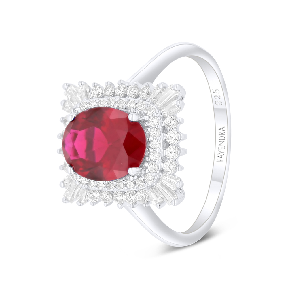 Sterling Silver 925 Ring Rhodium Plated Embedded With Ruby Corundum And White Zircon