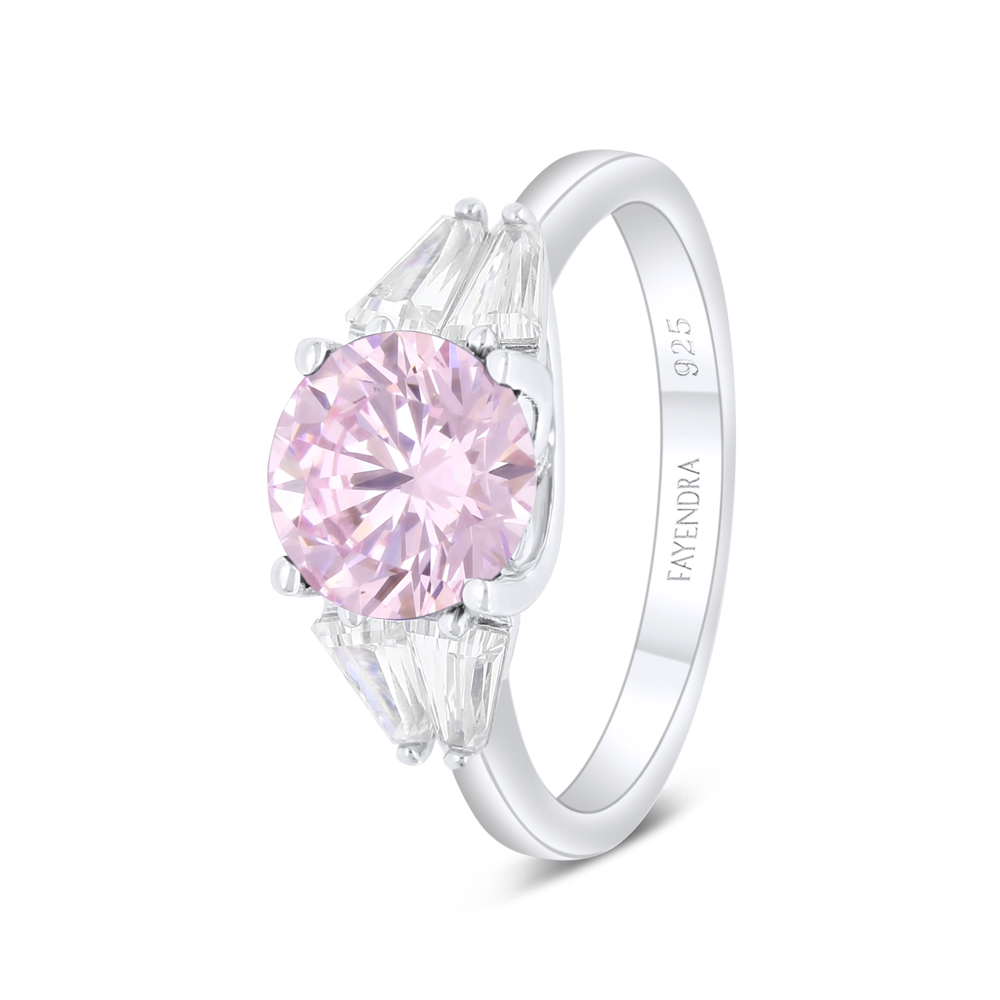 Sterling Silver 925 Ring Rhodium Plated Embedded With Pink Zircon 