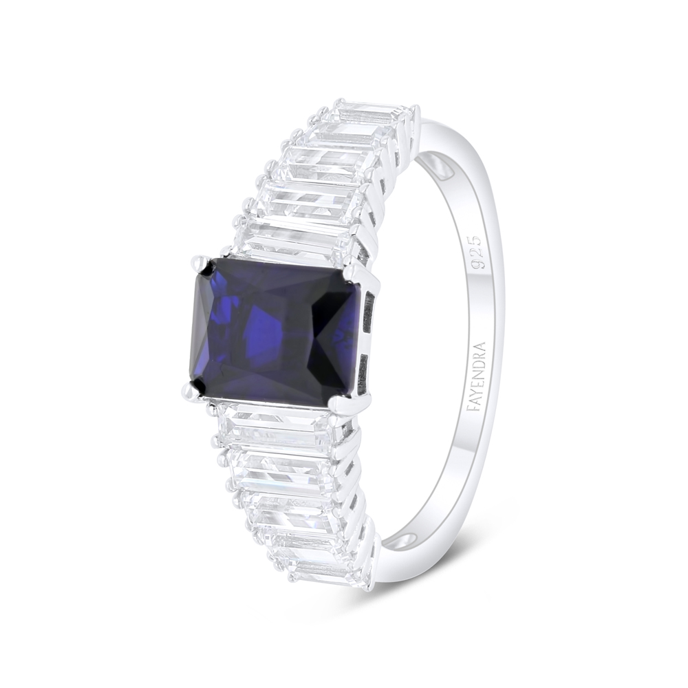 Sterling Silver 925 Ring Rhodium Plated Embedded With Sapphire Corundum And White Zircon