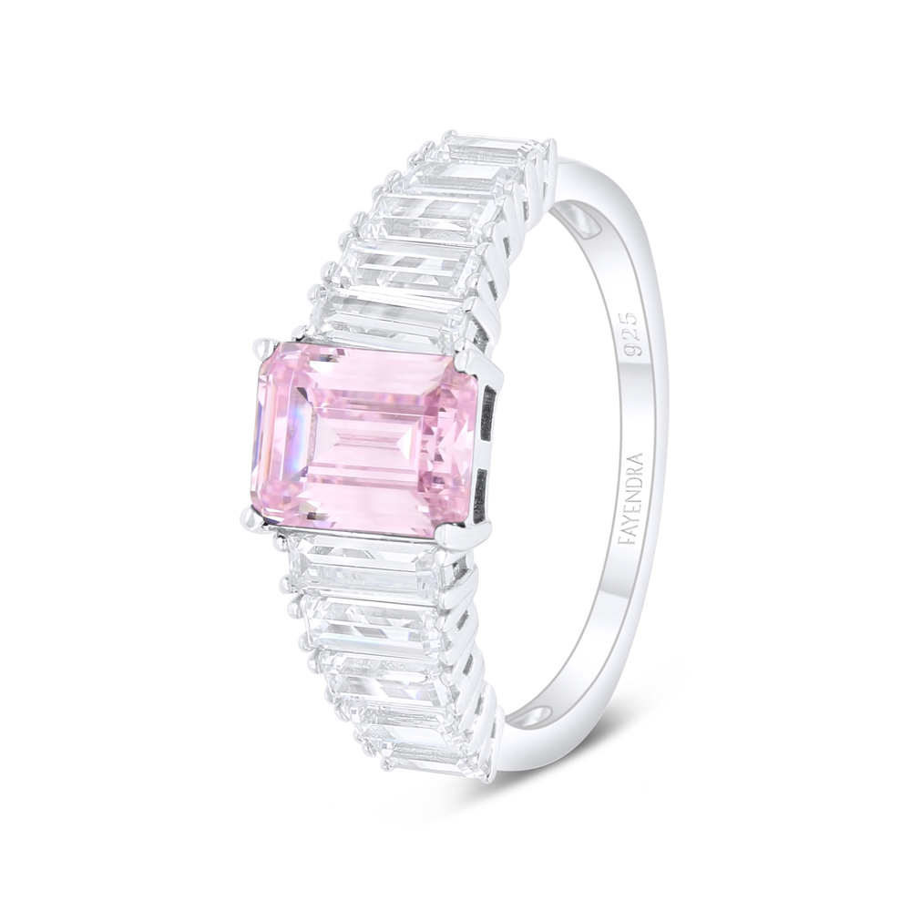 Sterling Silver 925 Ring Rhodium Plated Embedded With Pink Zircon And White Zircon