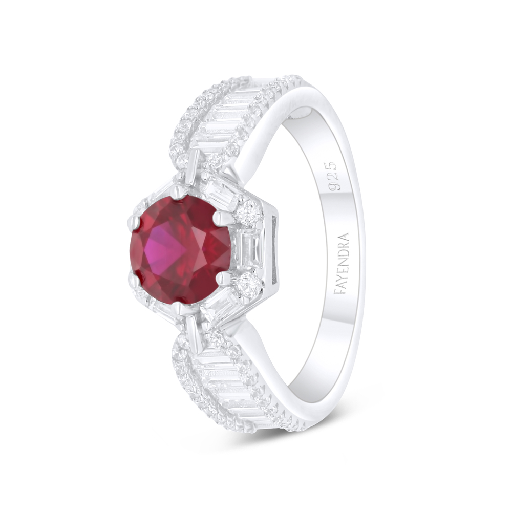 Sterling Silver 925 Ring Rhodium Plated Embedded With Ruby Corundum And White Zircon