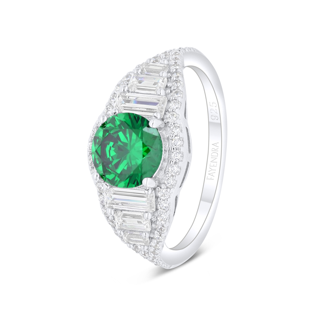 Sterling Silver 925 Ring Rhodium Plated Embedded With Emerald Zircon And White Zircon