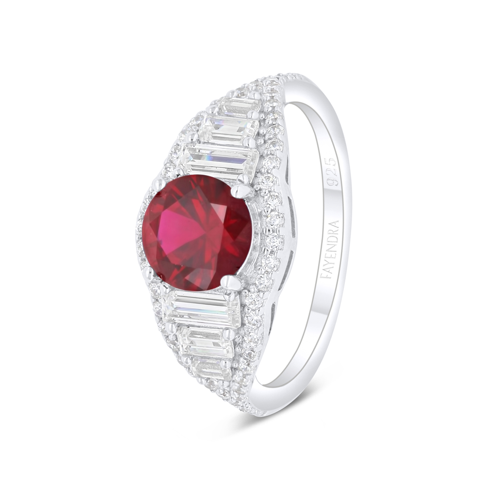 Sterling Silver 925 Ring Rhodium Plated Embedded With Ruby Corundum And White Zircon