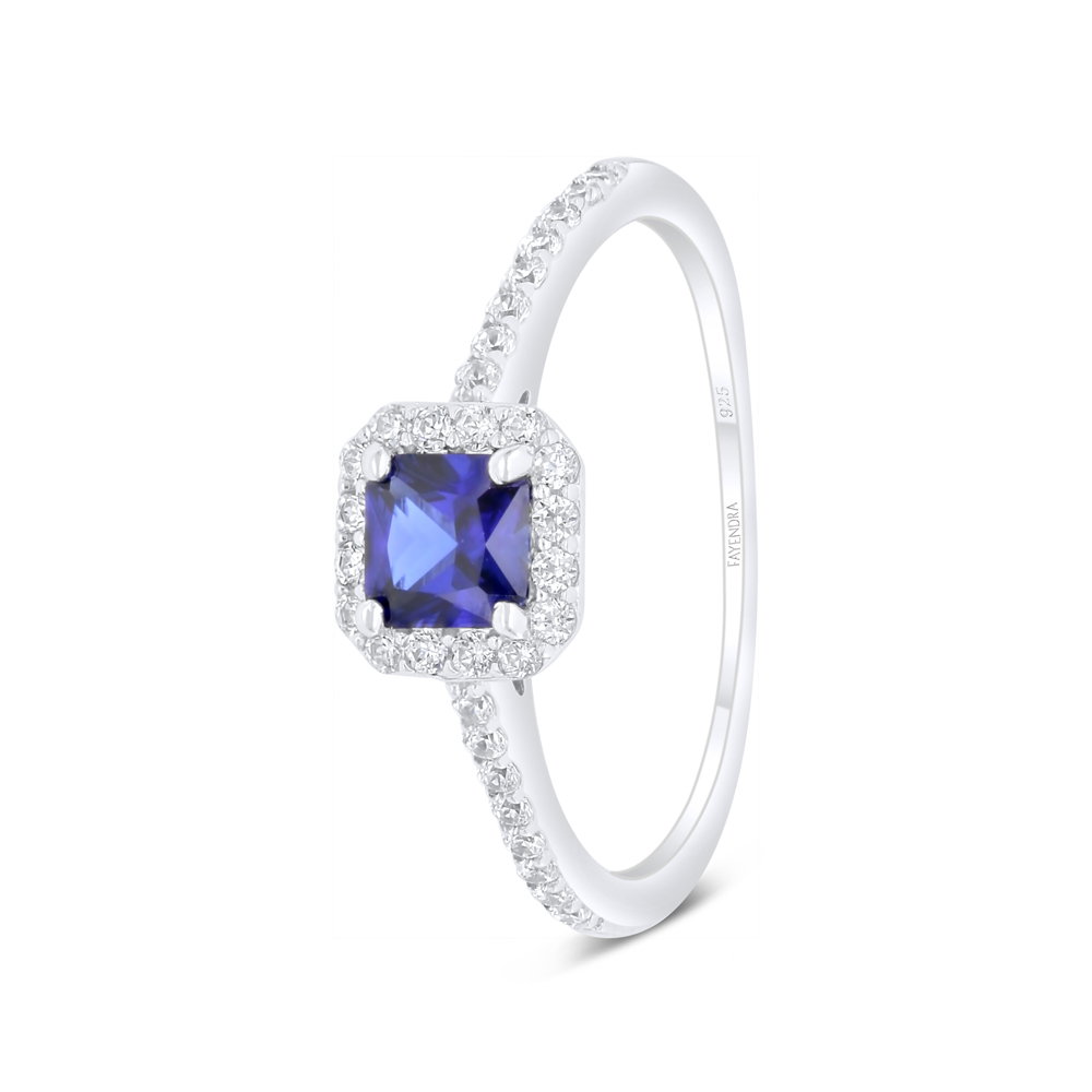 Sterling Silver 925 Ring Rhodium Plated Embedded With Sapphire Corundum And White Zircon