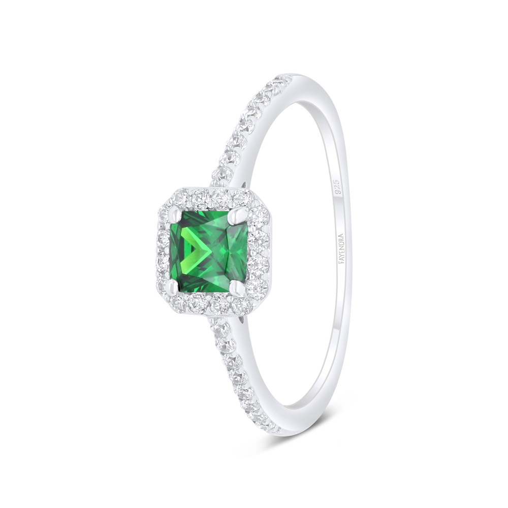 Sterling Silver 925 Ring Rhodium Plated Embedded With Emerald Zircon And White Zircon