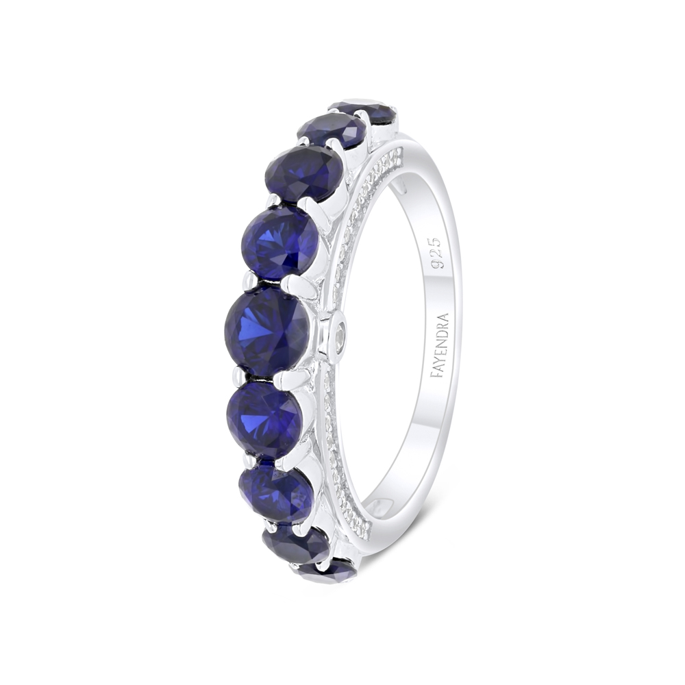 Sterling Silver 925 Ring Rhodium Plated Embedded With Sapphire Corundum And White Zircon