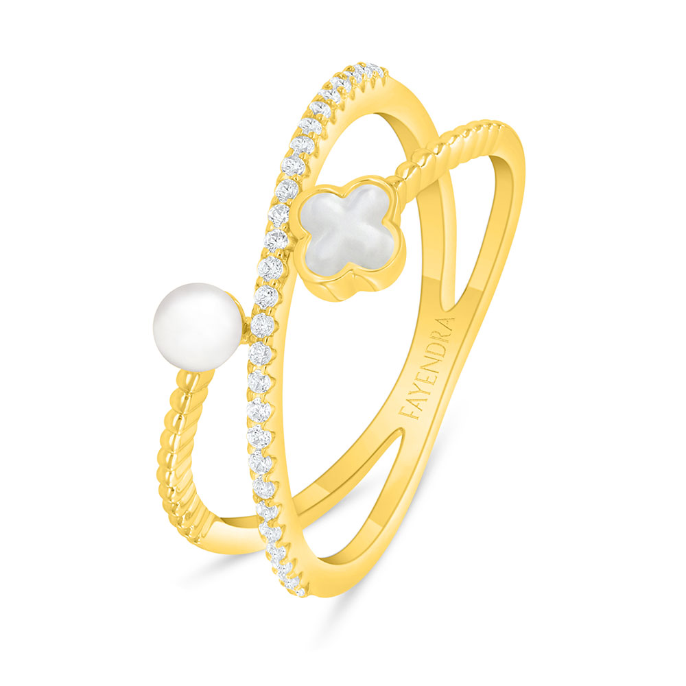 Sterling Silver 925 Ring Golden Plated Embedded With Natural White Pearl And White Shell And White Zircon