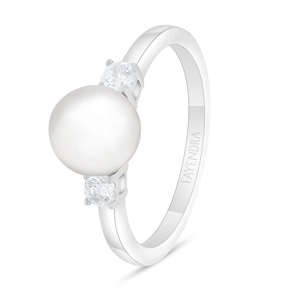 Sterling Silver 925 Ring Rhodium Plated Embedded With Natural White Pearl And White Zircon