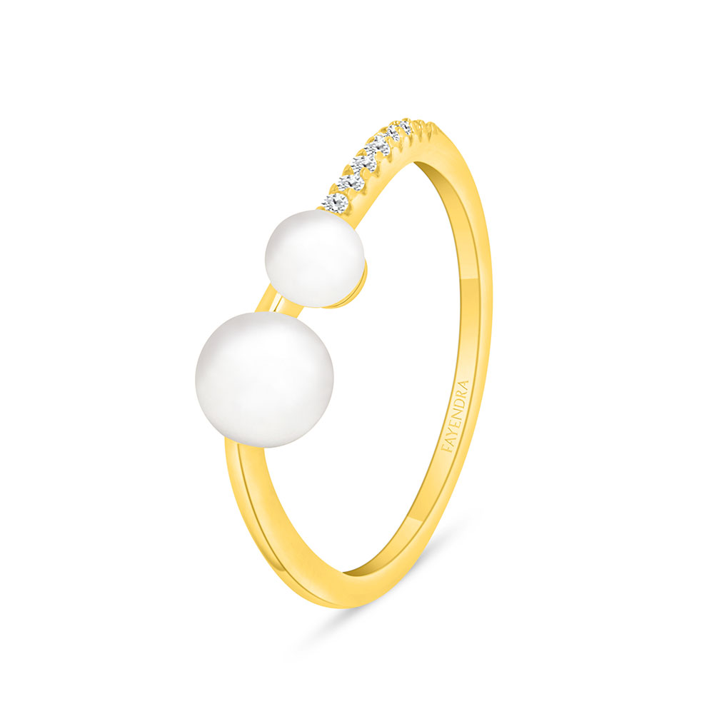 Sterling Silver 925 Ring Golden Plated Embedded With Natural White Pearl And White Zircon