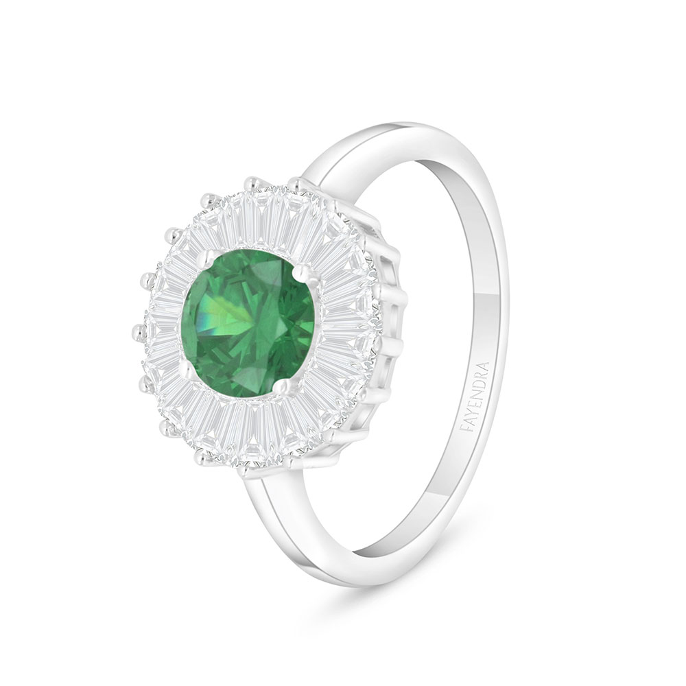 Sterling Silver 925 Ring Rhodium Plated Embedded With Emerald Zircon And White Zircon